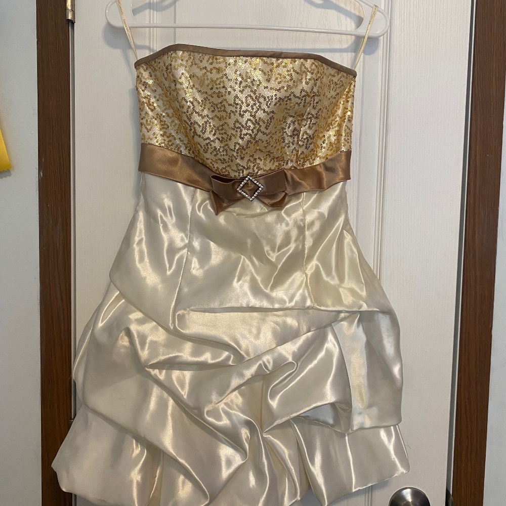 Strapless, mini, gold and white dress